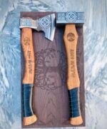Handmade Viking Axe Set of 2 – Celtic Engraved Steel Blade & Oak Wood Handle with Leather Wrap