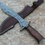 Handmade Damascus Steel Bowie Hunting Knife – Wood Handle with Leather Sheath