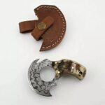 Handmade Damascus Steel Ulu Knife – Ram Horn Handle with Finger Ring & Tooled Leather Sheath