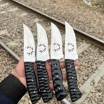 Set of 4 Handmade Mirror Polish Hunting Knives – Antler Etched Blade & Black Textured Handle