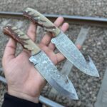 Handmade Damascus Steel Tracker Knife Set of 2 – Gut Hook Blade & Cream Marble Resin Handle