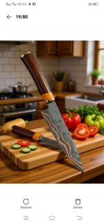Gold Inlay Chef Knife - Amber Resin Handle & Leather Sheath - Image 2
