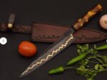 Gold Inlay Chef Knife - Amber Resin Handle & Leather Sheath