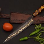 Gold Inlay Chef Knife - Amber Resin Handle & Leather Sheath