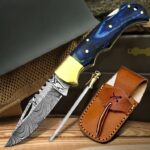 Handmade Damascus Steel Skinner Knife – Blue Resin Handle with Brass Bolster, Leather Sheath & Sharpening Rod