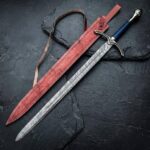 Handmade Damascus Steel Medieval Sword – Wire Wrapped Grip with Ornate Pommel & Leather Scabbard