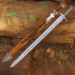 Handmade Damascus Viking Sword – Vegvisir Engraved Wood Scabbard with Antiqued Hilt