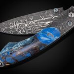 Luxury Damascus Pocket Knife – Titanium Frame with Boulder Opal Inlay & Blue Topaz Accents