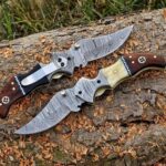 Handmade Damascus Folding Pocket Knife – Two-Tone Wood & Bone Handle with Damascus Bolster