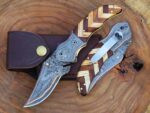 Handmade Damascus Folding Pocket Knife – Herringbone Wood Mosaic Handle with Leather Sheath