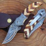 Handmade Damascus Folding Pocket Knife – Herringbone Wood Mosaic Handle with Leather Sheath