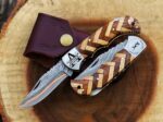 Handmade Damascus Folding Pocket Knife – Herringbone Wood Mosaic Handle with Leather Sheath - Image 2