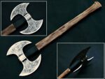 Handmade Double Headed Viking Axe – Celtic Knotwork Engraved Steel with Long Wood Handle