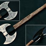 Handmade Double Headed Viking Axe – Celtic Knotwork Engraved Steel with Long Wood Handle