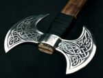 Handmade Double Headed Viking Axe – Celtic Knotwork Engraved Steel with Long Wood Handle - Image 3