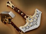 Handmade Viking Battle Axe – Gold Dragon Pommel with Rune Engraved Steel Head & Leather Wrapped Handle