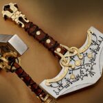 Handmade Viking Battle Axe – Gold Dragon Pommel with Rune Engraved Steel Head & Leather Wrapped Handle