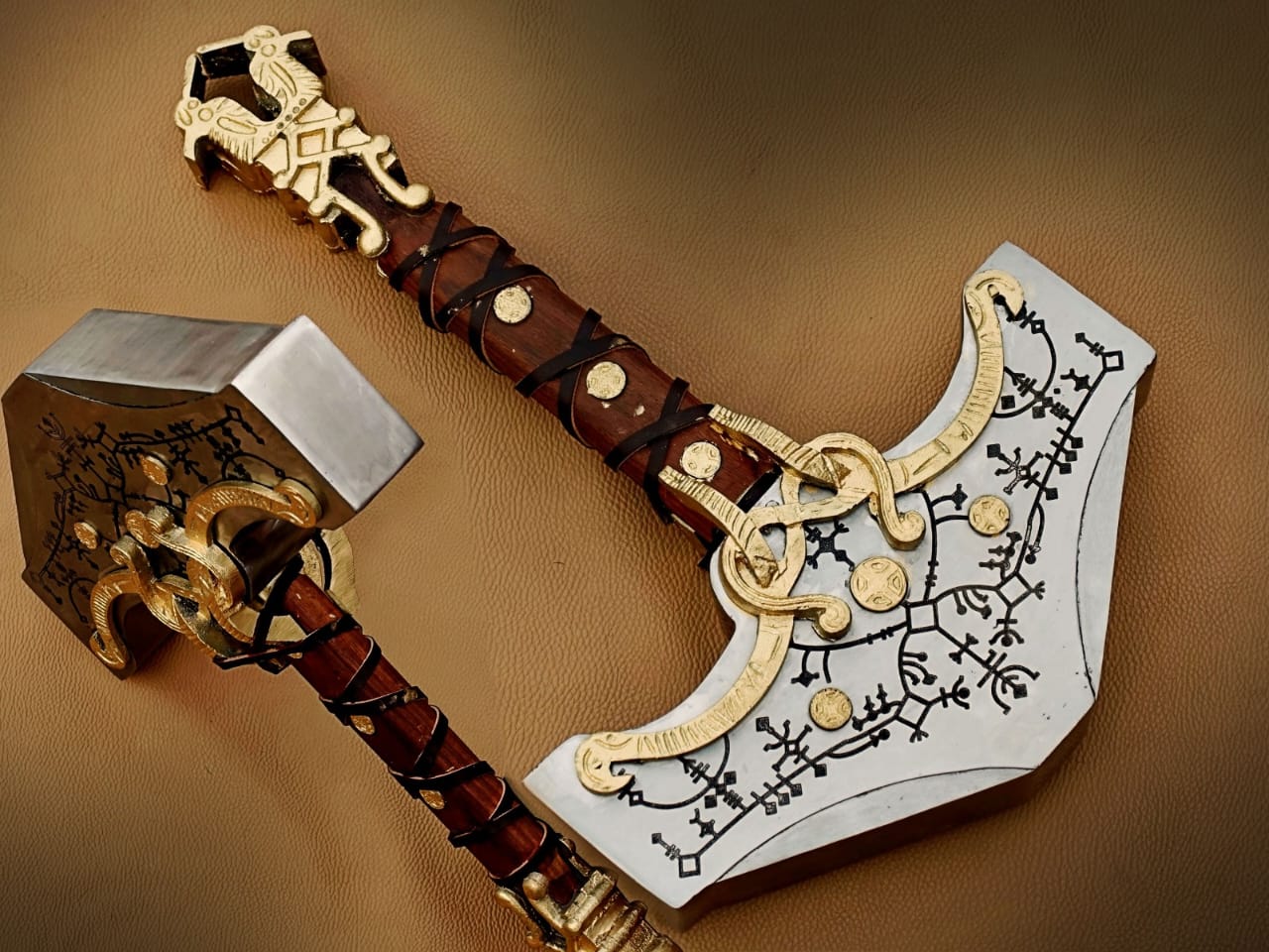 WhatsApp Image 2026-06-24 at 6.58.59 PM Handmade Viking Battle Axe – Gold Dragon Pommel with Rune Engraved Steel Head & Leather Wrapped Handle - Image 1