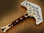 Handmade Viking Battle Axe – Gold Dragon Pommel with Rune Engraved Steel Head & Leather Wrapped Handle - Image 5