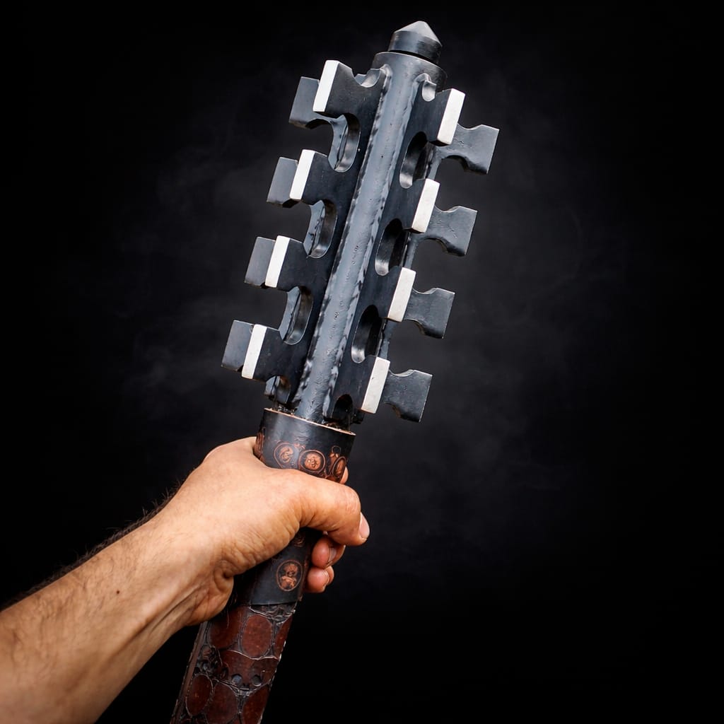 WhatsApp Image 2026-06-24 at 6.59.22 PM Handmade Fantasy Flanged Mace – Multi-Tier Spiked Steel Head with Leather Wrapped Handle - Image 1