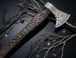 Handmade Viking Bearded Axe – Wolf Knotwork Engraved Blade with Curved Wood Handle - Image 7