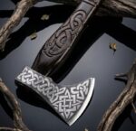 Handmade Viking Bearded Axe – Wolf Knotwork Engraved Blade with Curved Wood Handle - Image 5