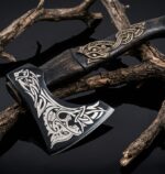 Handmade Viking Bearded Axe – Wolf Knotwork Engraved Blade with Curved Wood Handle - Image 4