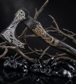 Handmade Viking Bearded Axe – Wolf Knotwork Engraved Blade with Curved Wood Handle - Image 3