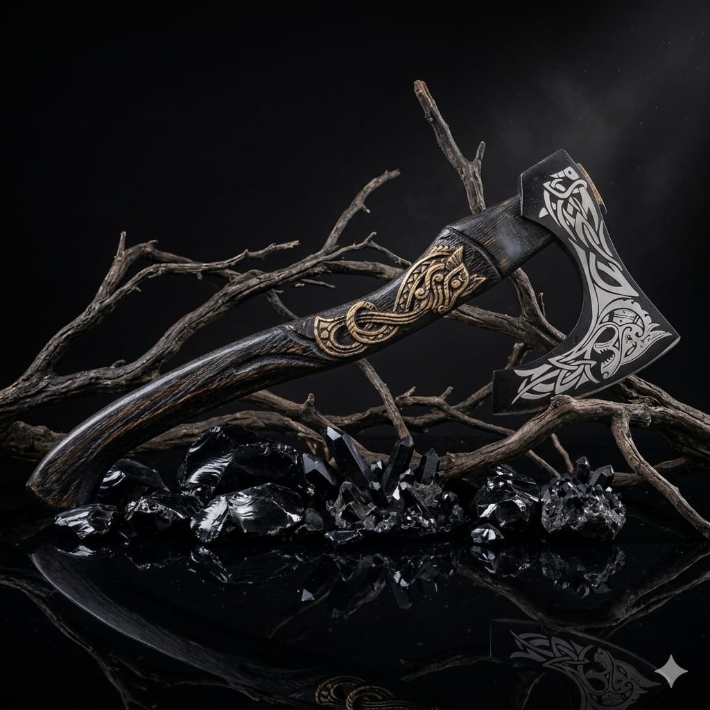 WhatsApp Image 2026-06-24 at 6.59.50 PM Handmade Viking Bearded Axe – Wolf Knotwork Engraved Blade with Curved Wood Handle - Image 1