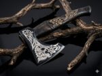 Handmade Viking Bearded Axe – Wolf Knotwork Engraved Blade with Curved Wood Handle - Image 2
