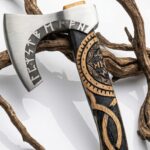 Handmade Viking Bearded Axe – Elder Futhark Rune Engraved Blade with Carved Knotwork Handle