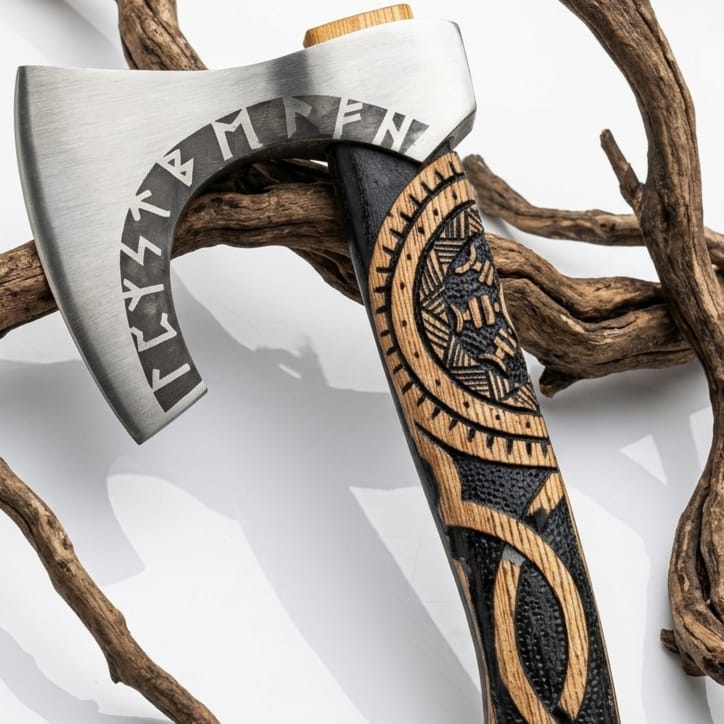 WhatsApp Image 2026-06-24 at 7.00.01 PM (1) Handmade Viking Bearded Axe – Elder Futhark Rune Engraved Blade with Carved Knotwork Handle - Image 1