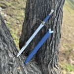 Handmade Elven-Style Fantasy Sword – Swept Crossguard with Leather Wrapped Grip & Blue Scabbard