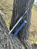 Handmade Elven-Style Fantasy Sword – Swept Crossguard with Leather Wrapped Grip & Blue Scabbard